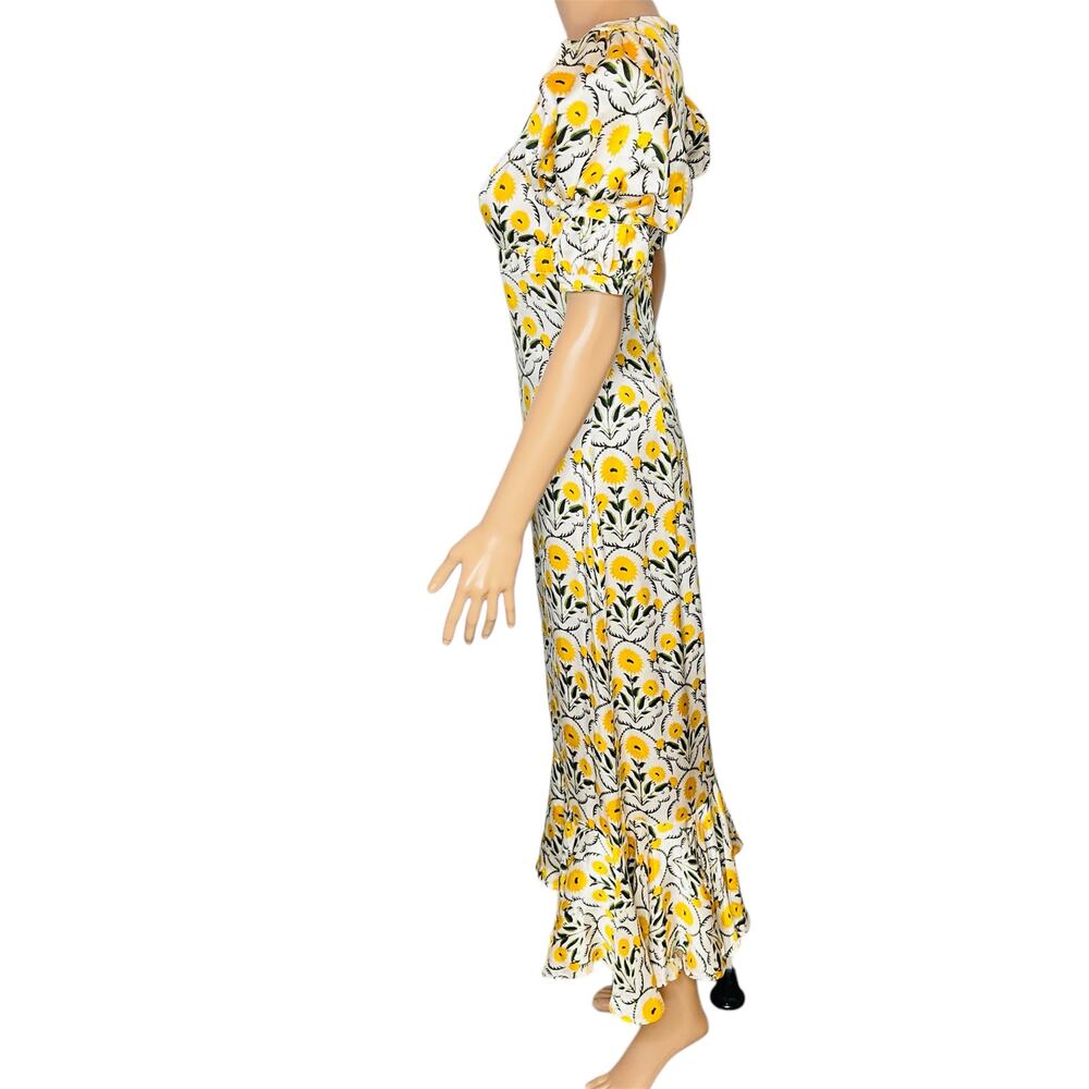 Agua by Agua Bendita Mango Mimosa Midi Dress S Silk White Yellow Floral Rare - Picture 3 of 16